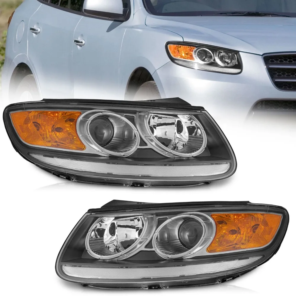 For 2007-2012 Hyundai Santa Fe Halogen Headlamps Black Headlights L+R Pair