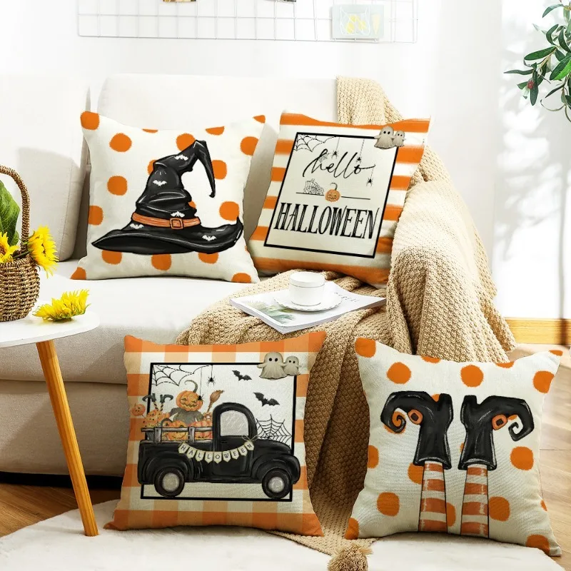 

Halloween Decoration 45x45cm Set of 4, Car Hat Halloween Happy Party Linen Printing Pillow Case for Sofa Bed