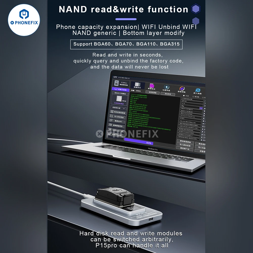 I2C P15 Pro BGA60/BGA70/BGA110/BGA315 NAND programator zapisu do czytania jednym kliknięciem fioletowy tryb ekranu bez wiązania kodów z matrycą punktową