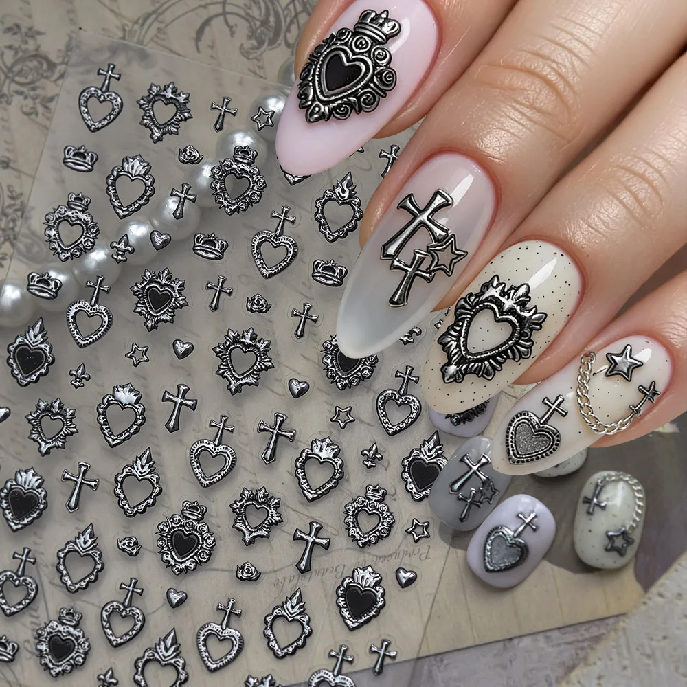 Retro Silver 5D Vintage Cross Crown Gold Metal Carved Border Nail Stickers for Manicure DIY Y2K Heart Shaped Nail Art Decals