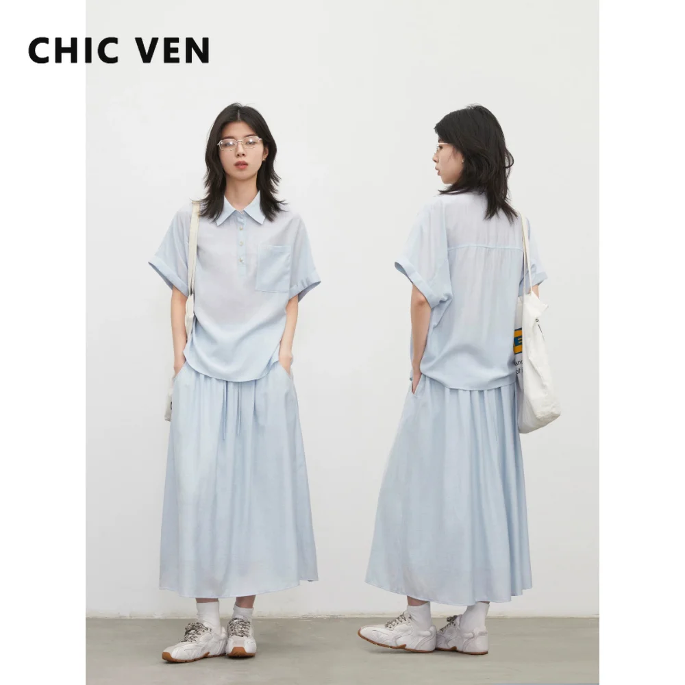 CHIC VEN New Women Shirt Sets Blue Loose Casual Short Sleeved Blouses Office Ladies A-line Skirt Summer 2026 Clothes for Girl