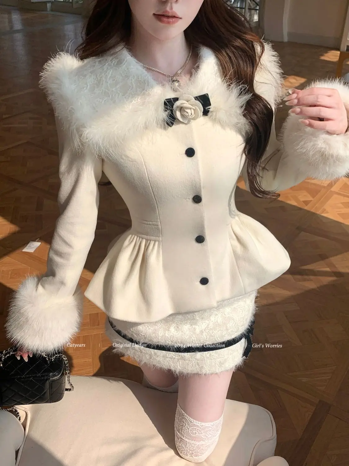 

Korea Elegant Woolen Suit Winter High-Quality Plush Lapel Waist Ruffle Edge Coat Lace Bow Splicing Skirt 2-Piece Set Women