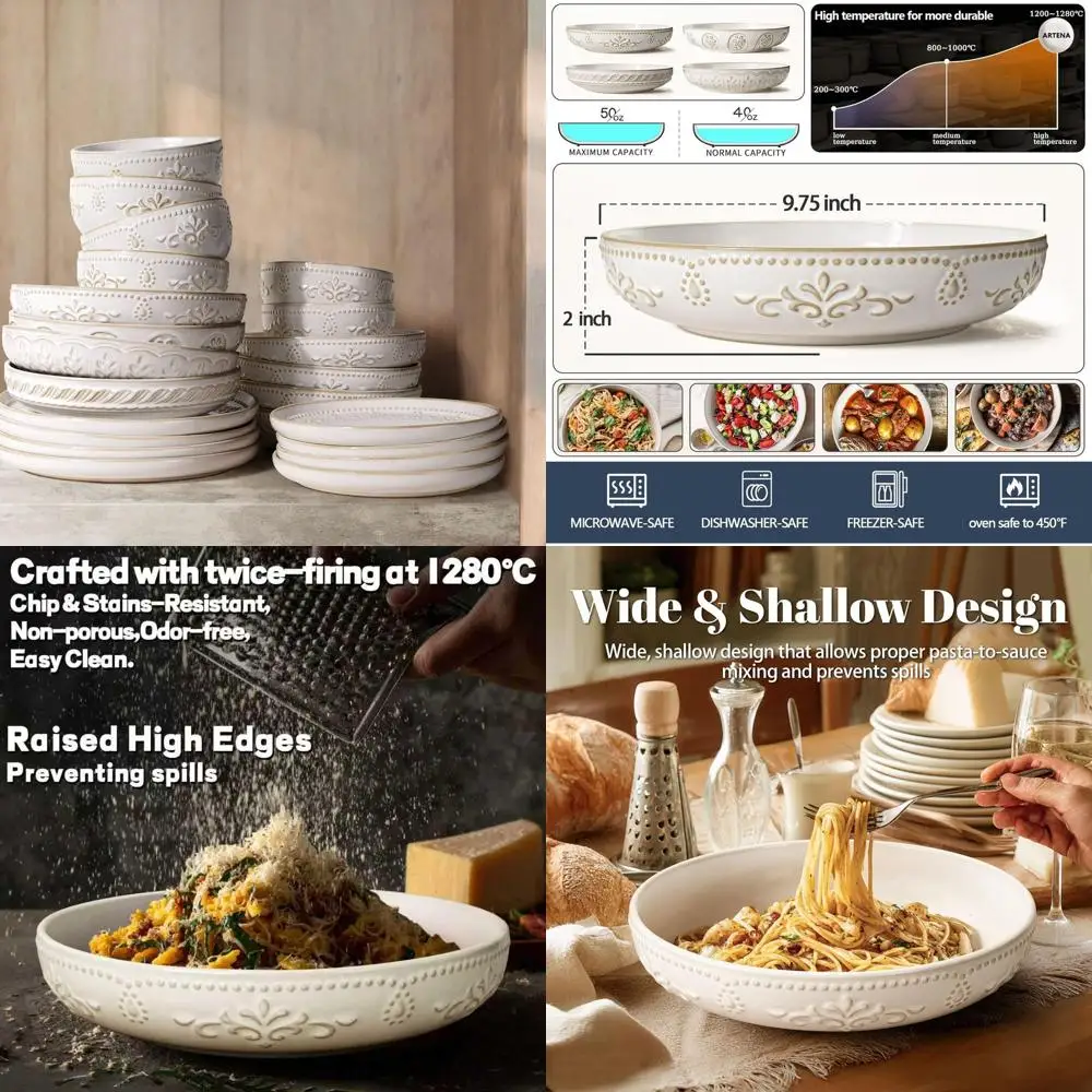 

Большие миски для пасты объемом 50 унций, салатники объемом 9,75 унций, набор из 4 белых суповых мисок, безопасные для использования на кухне, подходят для посудомоечных машин и микроволновых печей.