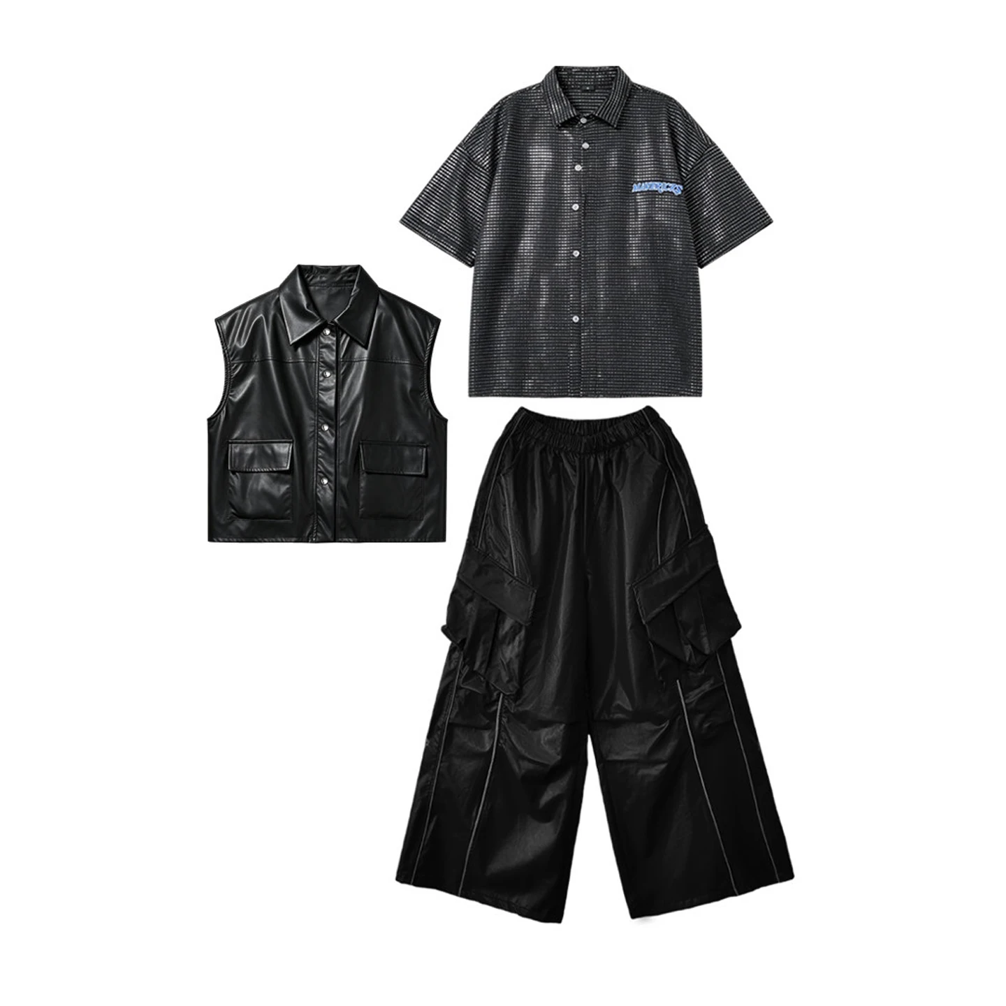 Kinder Jazz-Tanzkostüm, schwarze Lederoberteile, Hosen, Baggy-Weste, moderne Hip-Hop-Performance-Kleidung, Jungen- und Mädchen-Bühnenkleidung BL19420
