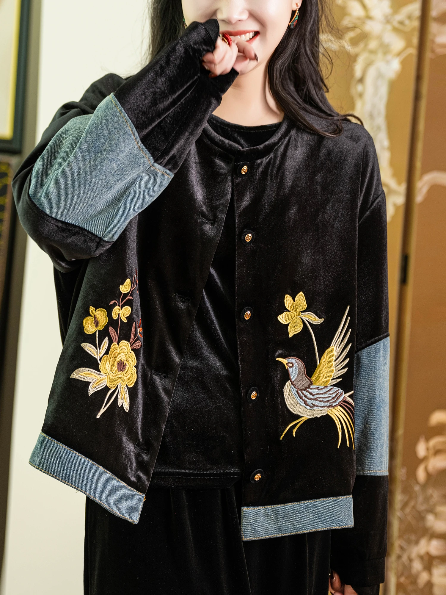 

Year Series Fuzhi Head Embroidered Velvet Cotton Jaet Mixed Matching Patchwork Long Sve round Ne Thiened Winter Coat