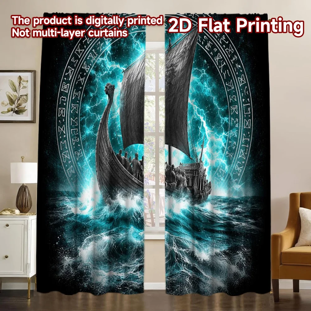 2D FLAT PRINTING 2 Stück Vorhänge (ohne Stange) Wikingerschiff mit Runen Modische moderne Vorhänge aus Polyester, einfach zu installierende Vorhänge