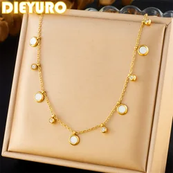 DIEYURO 316L Stainless Steel Round White Shell Zircon Minimalist Necklace For Womens New Fashion Trend Neck Chain Jewelry Gift