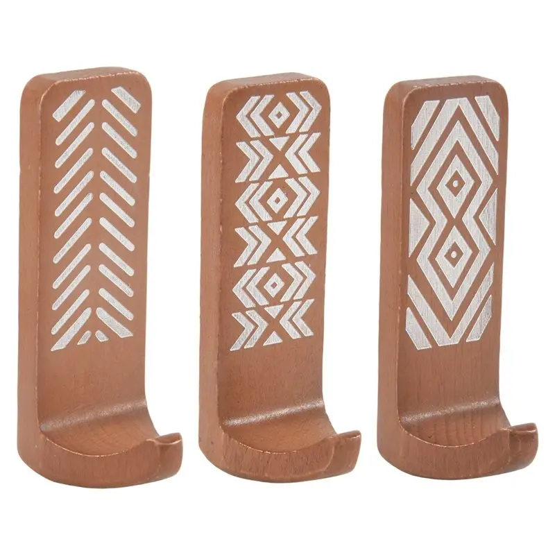 B03C-3 Pack Non-Destructive Wood Wall Hooks - Adhesive Wall Hooks - Boho Decorative Wall Hooks