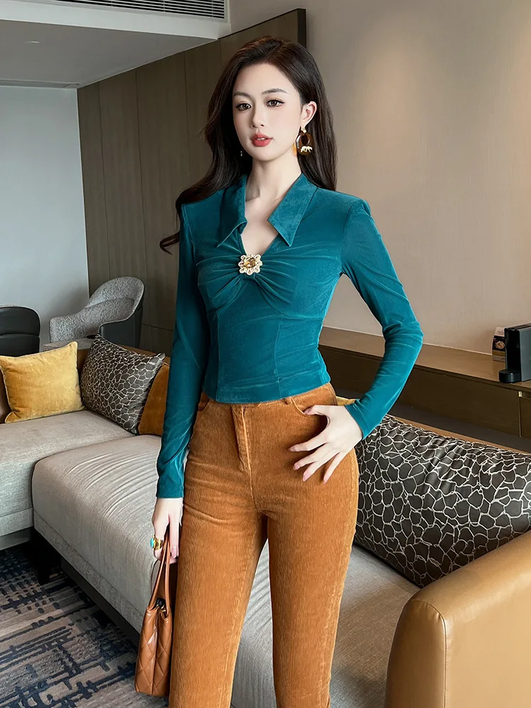 Spring New Style Lapel Low-Cut Slim Fit Velvet Top Chic Short T-Shirt