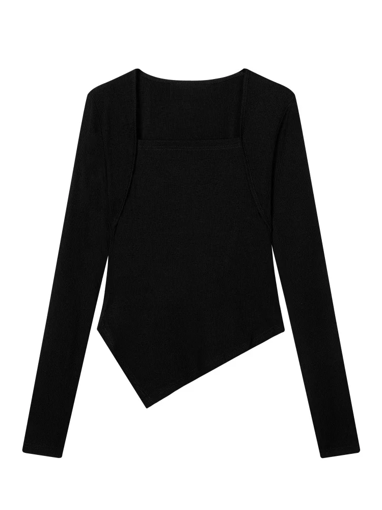 Asymmetrischer, gerippter, schmaler Strickblusen-T-Shirt mit unregelmäßigem Saum, Herbst/Winter 2026, Damen, quadratischer Ausschnitt, langärmlig, sexy Crop-Top – Detail 4