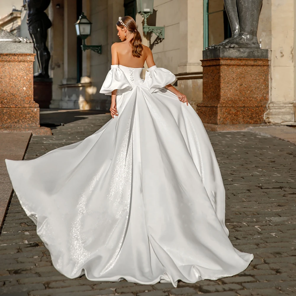 Detachable Sleeves Train Strapless Satin Wedding Dress Custom Made Front Slit Mermaid Criss Cross Modern Minimalist Bridal Gowns