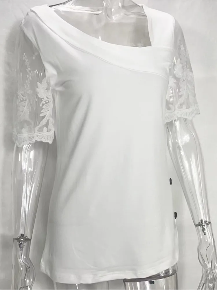 Fashion White Lace Short Sleeve Tops Women T Shirt 2025 Summer Casual Buttons Office T-shirt Tshirt Top Femme