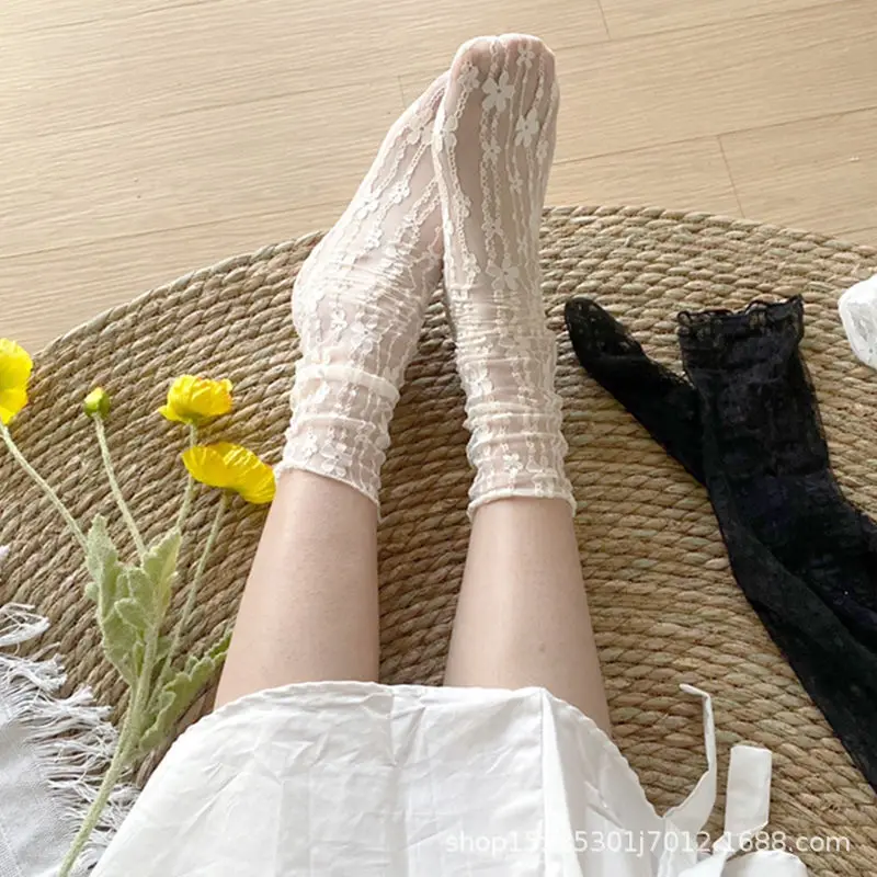 Socks Woman Summer Thin Floral Black White Lace Lolita Cute Stockings Women Lingerie Middle Tube Socks for Women