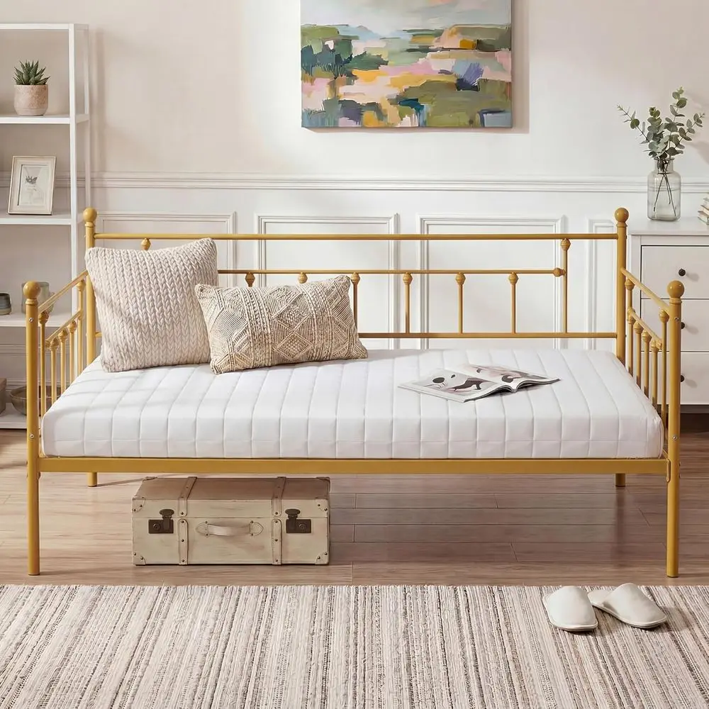Cama nido tamaño twin con soporte de listones de acero, ideal para dormitorio, sala de estar o habitación de invitados, fácil montaje, color dorado
