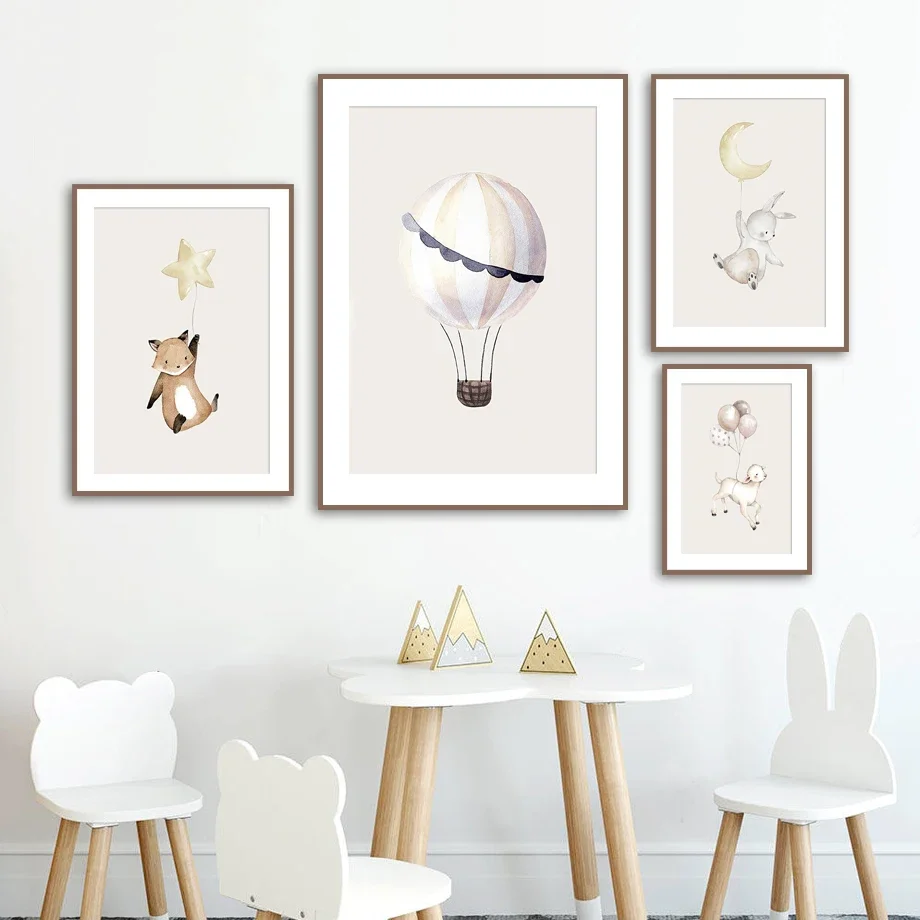

Nordic Rabbit Fox Sheep Balloon Star Moon Wall Art Canvas Kids Baby Room Decor Animal Themed Posters And Prints