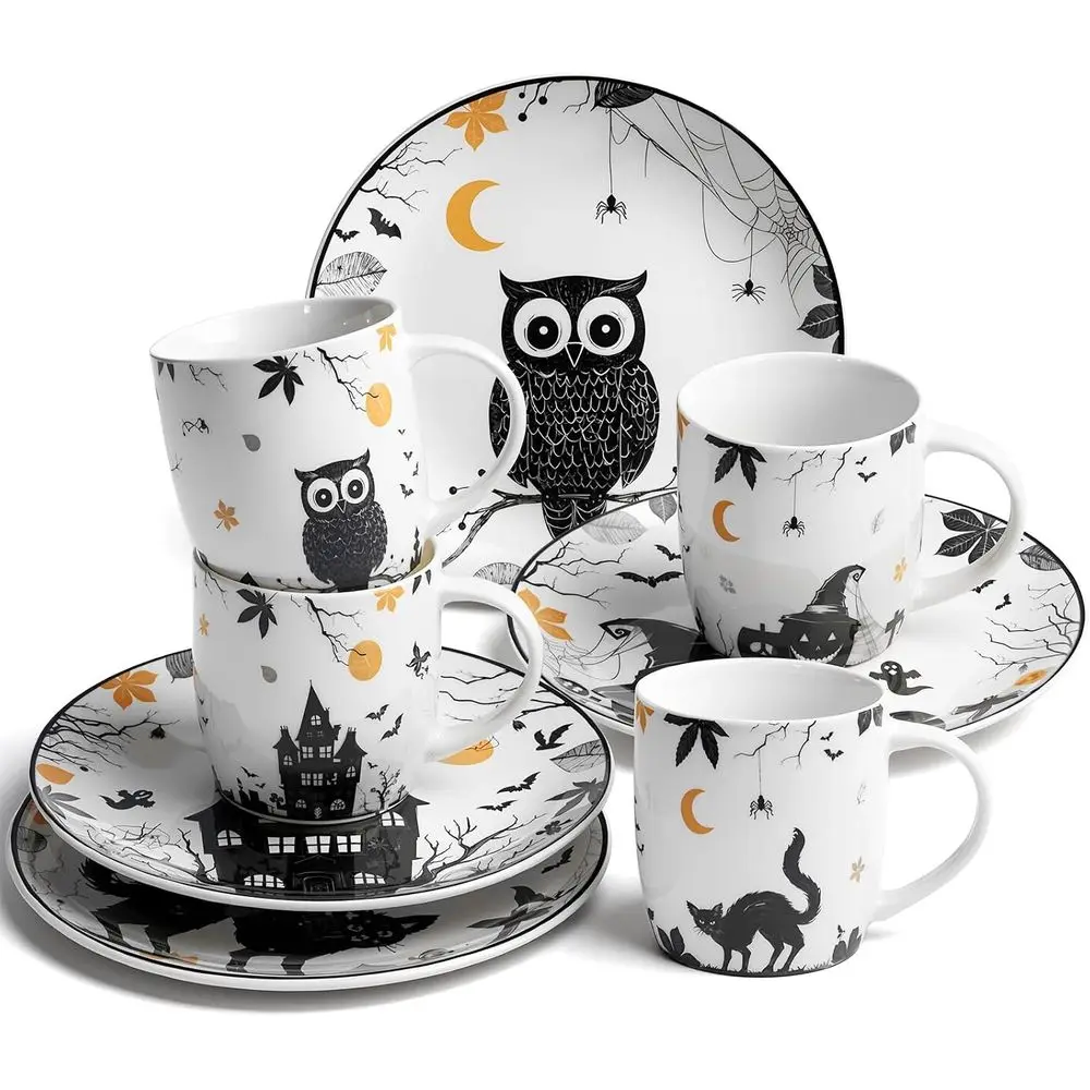 

8 Pcs Vintage Halloween Ceramic Dinnerware Set 8 Inch Gothic Plates and 11 oz Mugs Halloween Haunted Owl Pumpkin Cat Dessert Pla