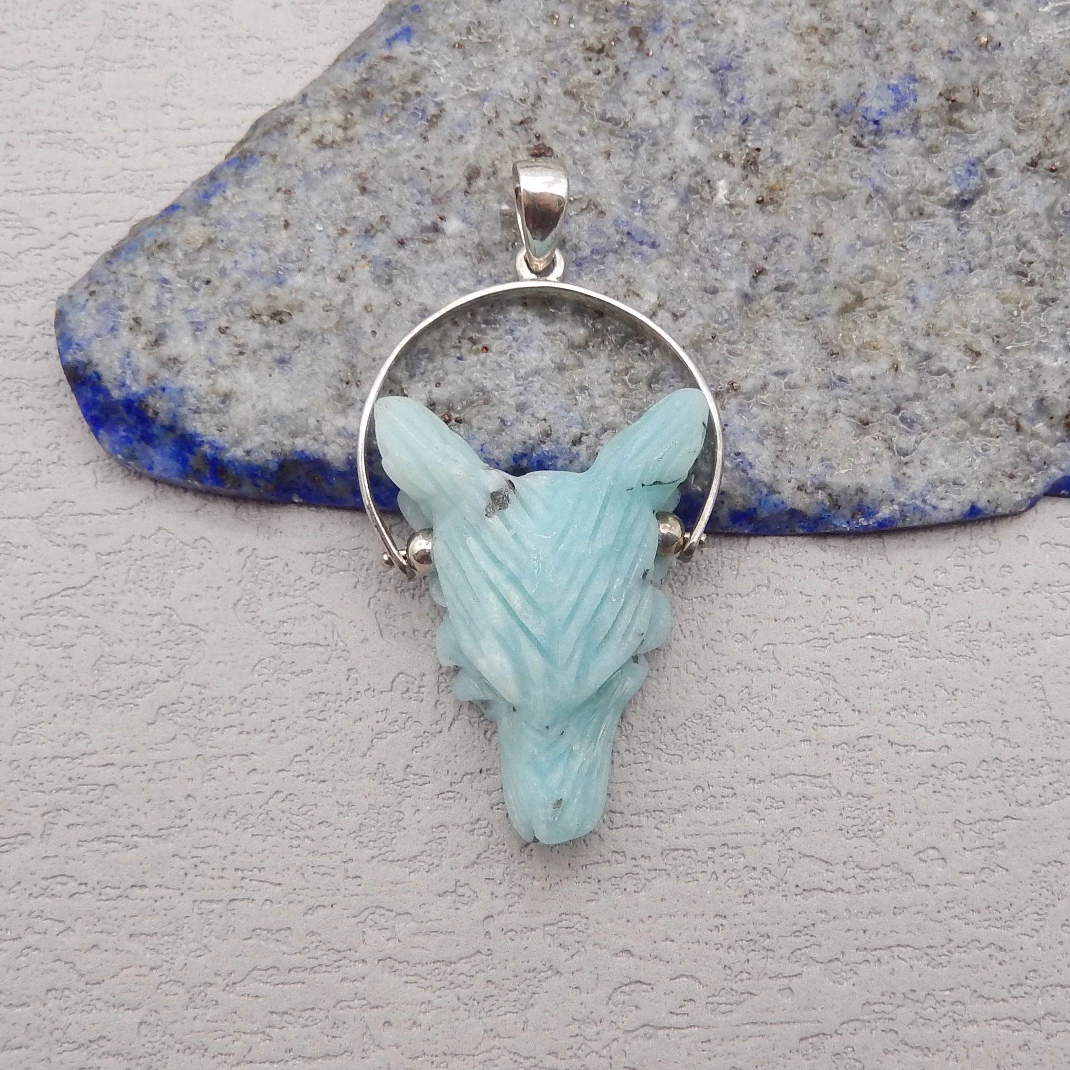 925 Sterling Silver Pendant,Natural Stone Amazonite Handcarved Wolf Head Pendant Bead Men Women Gift 30x21x10mm 6g