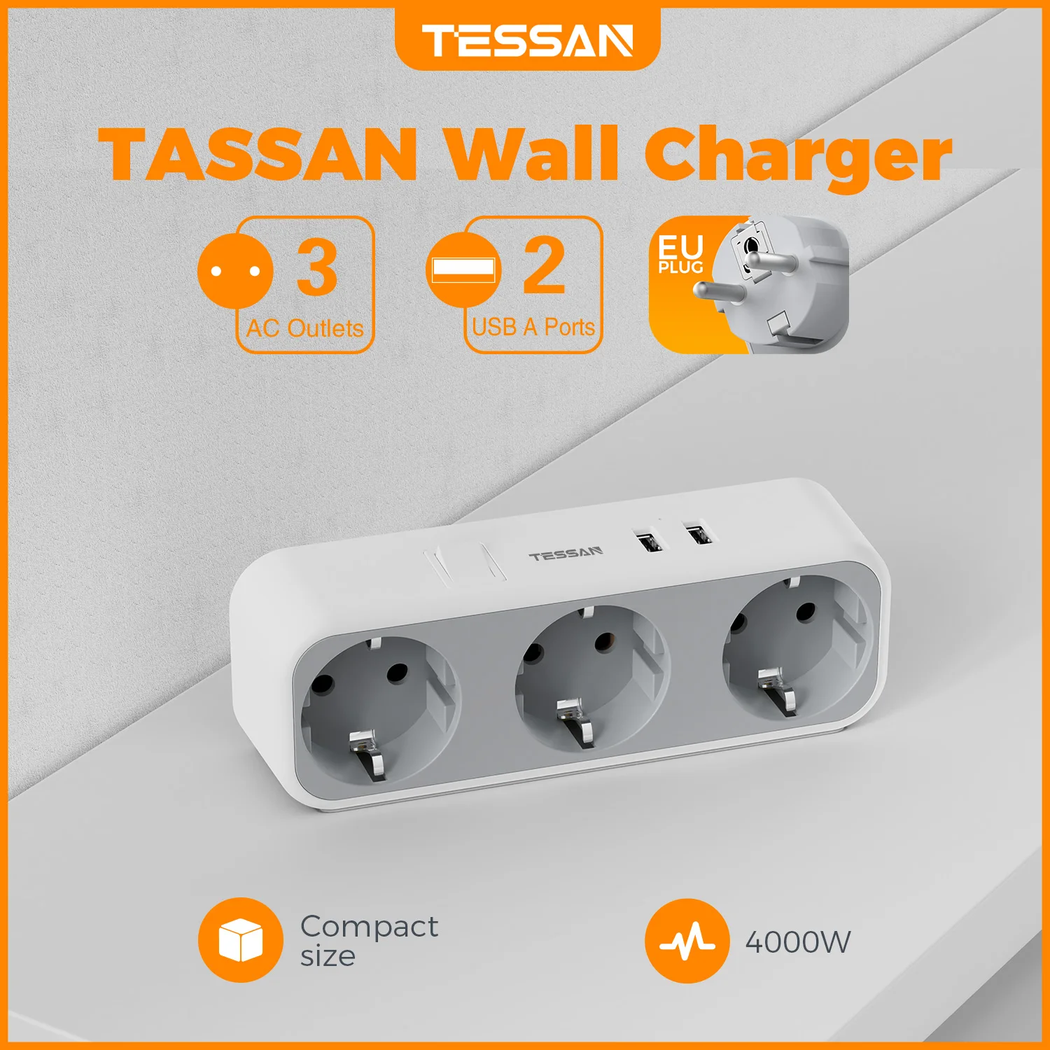 

TESSAN European Outlets Extender Power Strip with 3 EU Outlets 2 USB Charging Ports and Switch EU Wall Socket Adapter for Home
