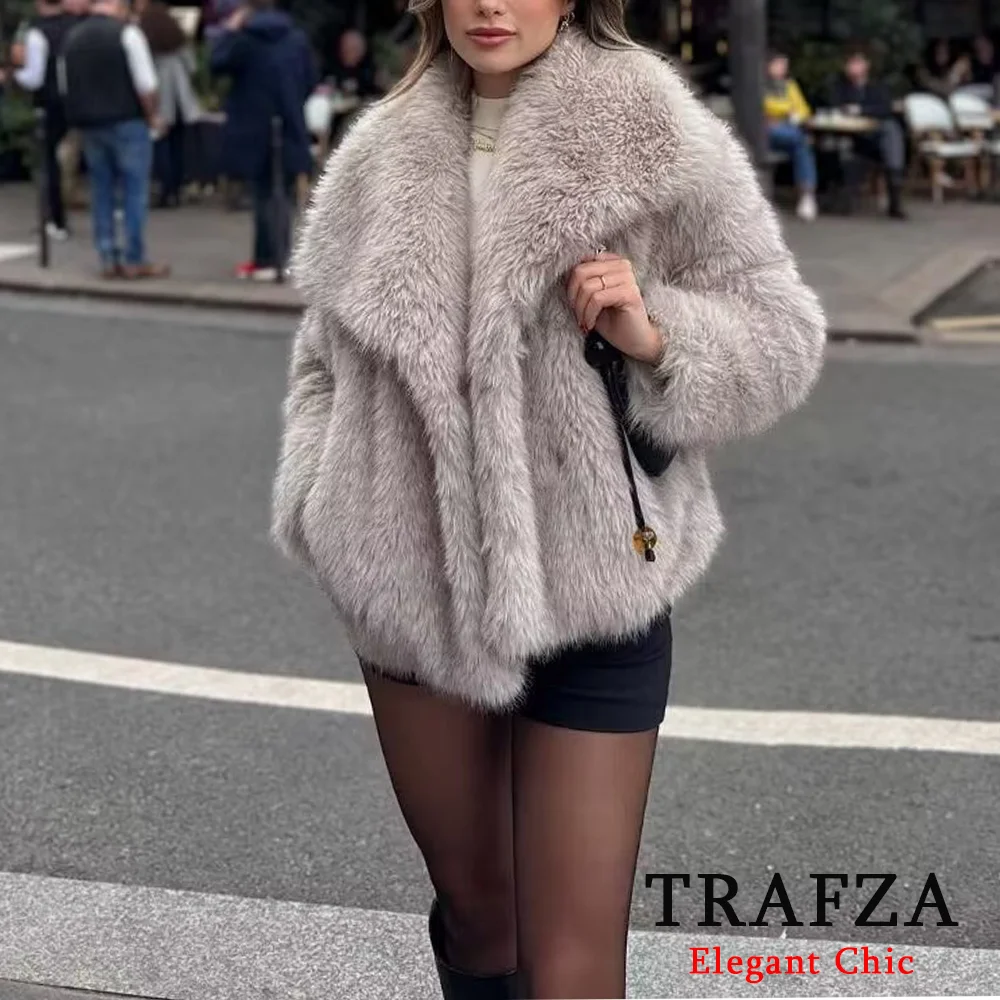 TRAFZA-Women Fashion Winter Solid  Big Lapel Coat Faux Fur Coat Jacket New 2024 Autumn Winter Slouchy Burgundy Black Gray Coat