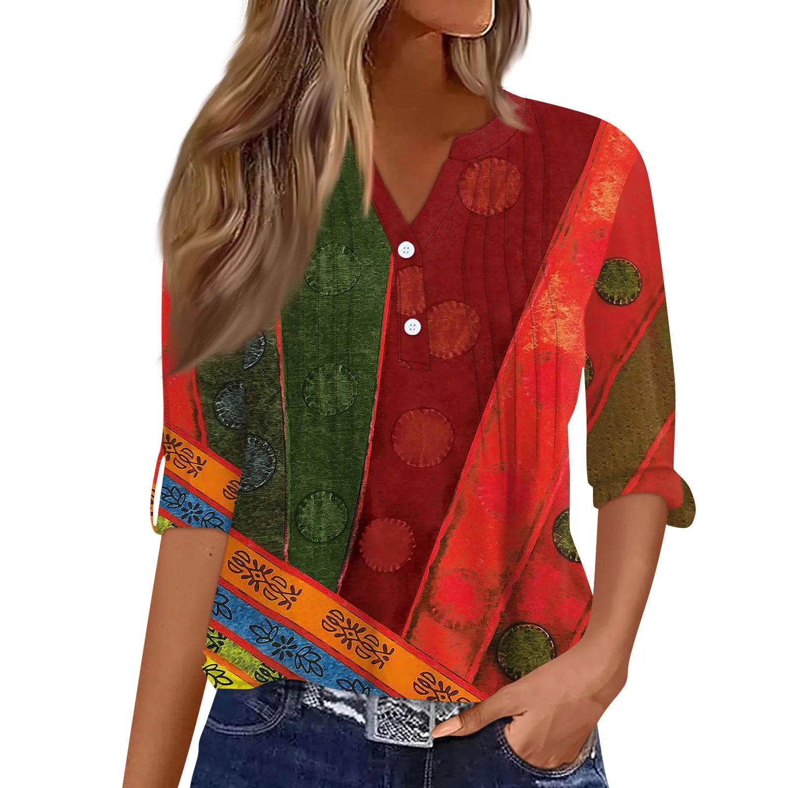 

2024 The New Soft And Comfortable Women's Fashion Casual Printed V-Neck Long Sleeve Button Down Personalized T-Shirt Top