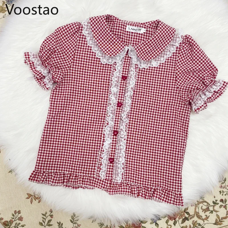 Blusas japonesas de estilo dulce Lolita para niñas, lindas camisas de encaje con volantes y mangas abullonadas a cuadros JK, Blusas Kawaii de estilo Preppy para Mujer X