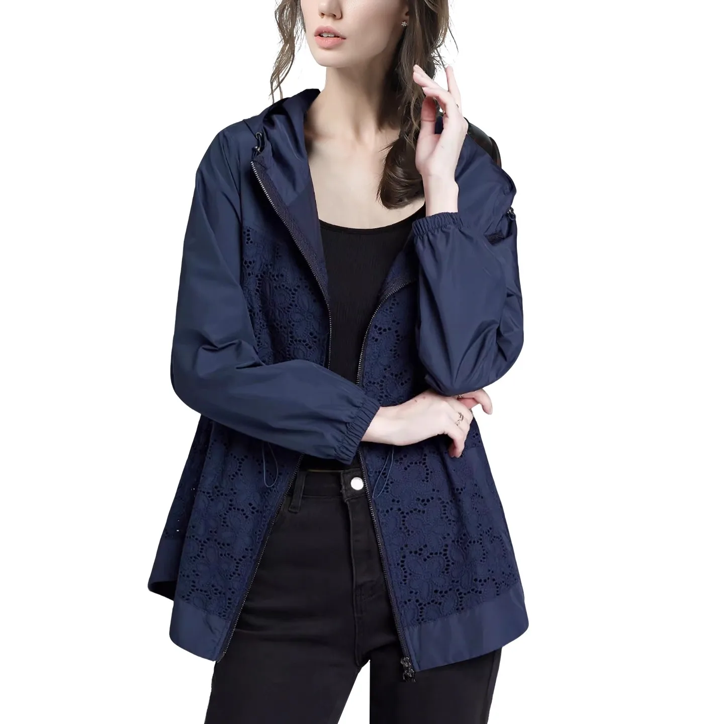 Veste à capuche bleue à manches longues pour femme, avec dentelle creuse, ample, décontractée, manteau coupe-vent, nouvelle collection automne 2025