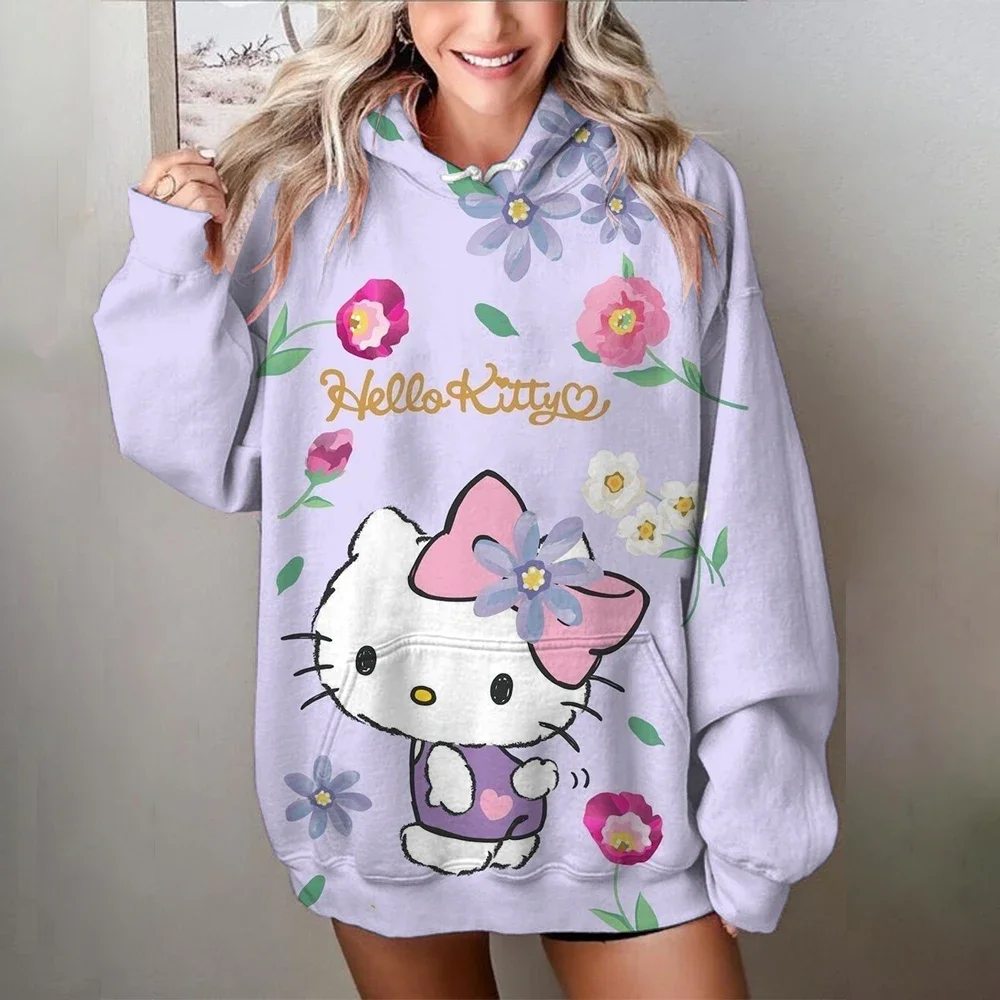 

Новая модная удобная толстовка с принтом Hello Kitty для женщин Y2K Harajuku, милый свободный пуловер с ретро-графикой, осенне-зимний топ
