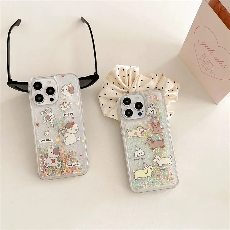 Cartoon Animals Quicksand Case 15 Cover for iPhone 14 13 Pro Max Shell Puppy Cat Dog Glitter Moving Sand Liquid Silicone Fundas