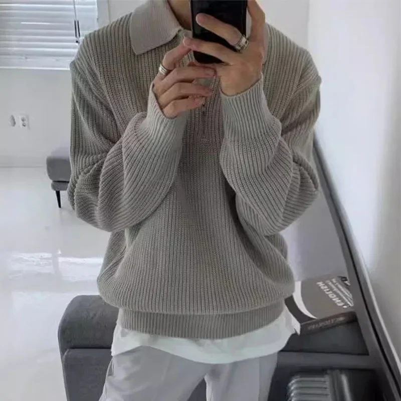 ผู้ชายครึ่งซิป Turn-Down COLLAR เสื้อกันหนาวชายเสื้อถักฤดูใบไม้ร่วงฤดูหนาวสบายๆถักเสื้อสีทึบแขนยาว Pullovers