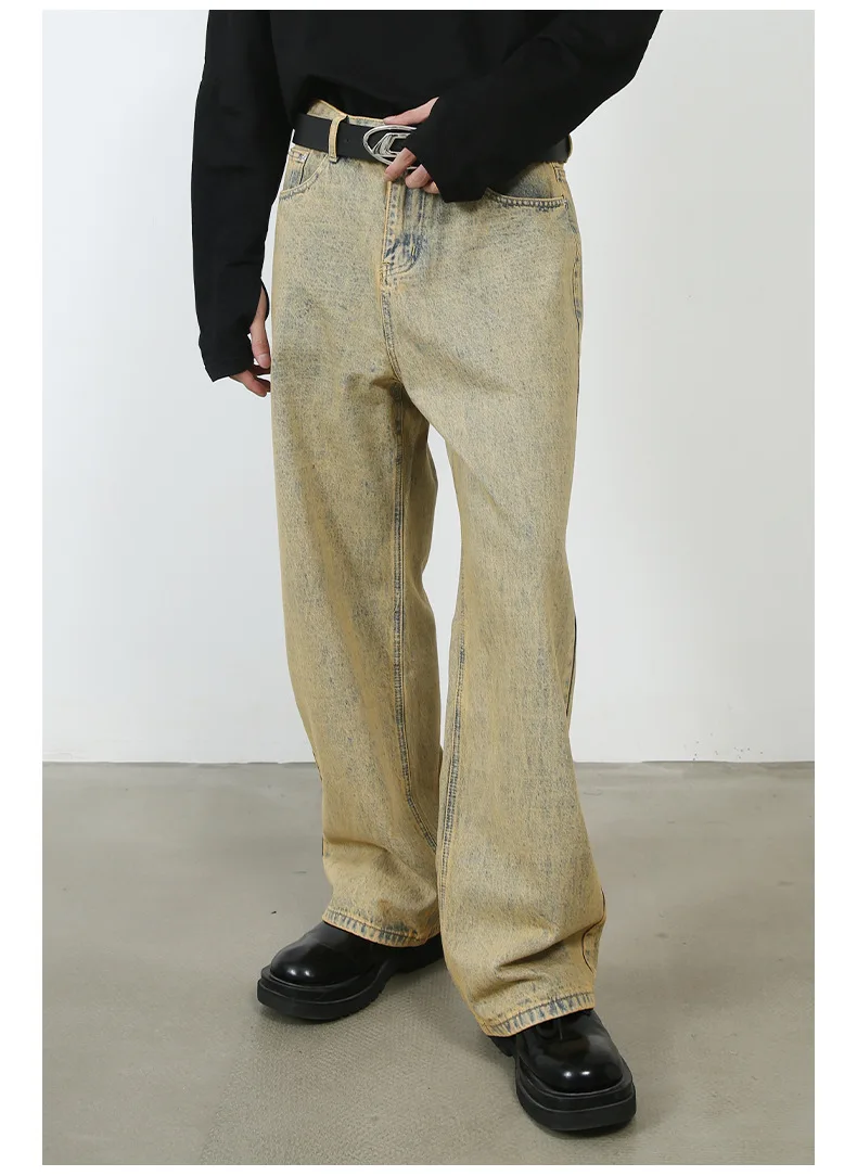 

2025A/W Men's High Street Jacket-Vintage Washed Muddy Yellow Straight Leg Jeans,Retro Distressed Denim Coat,Urban Streetwear Set