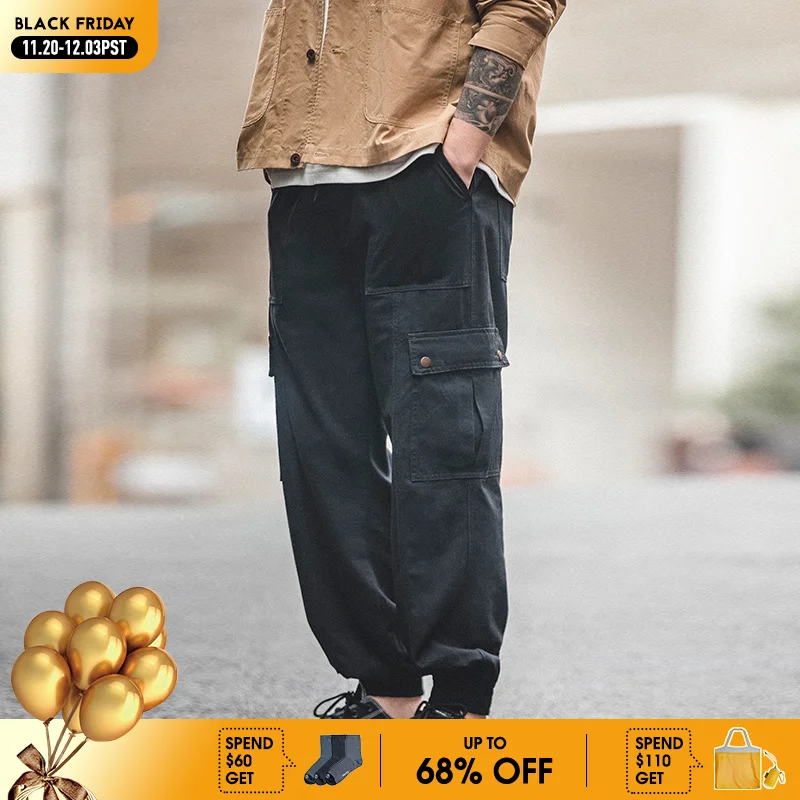 

Maden American Retro Black Functional Leggings Pocket Straight Tube Casual Nine Point Lantern Leggings For Men