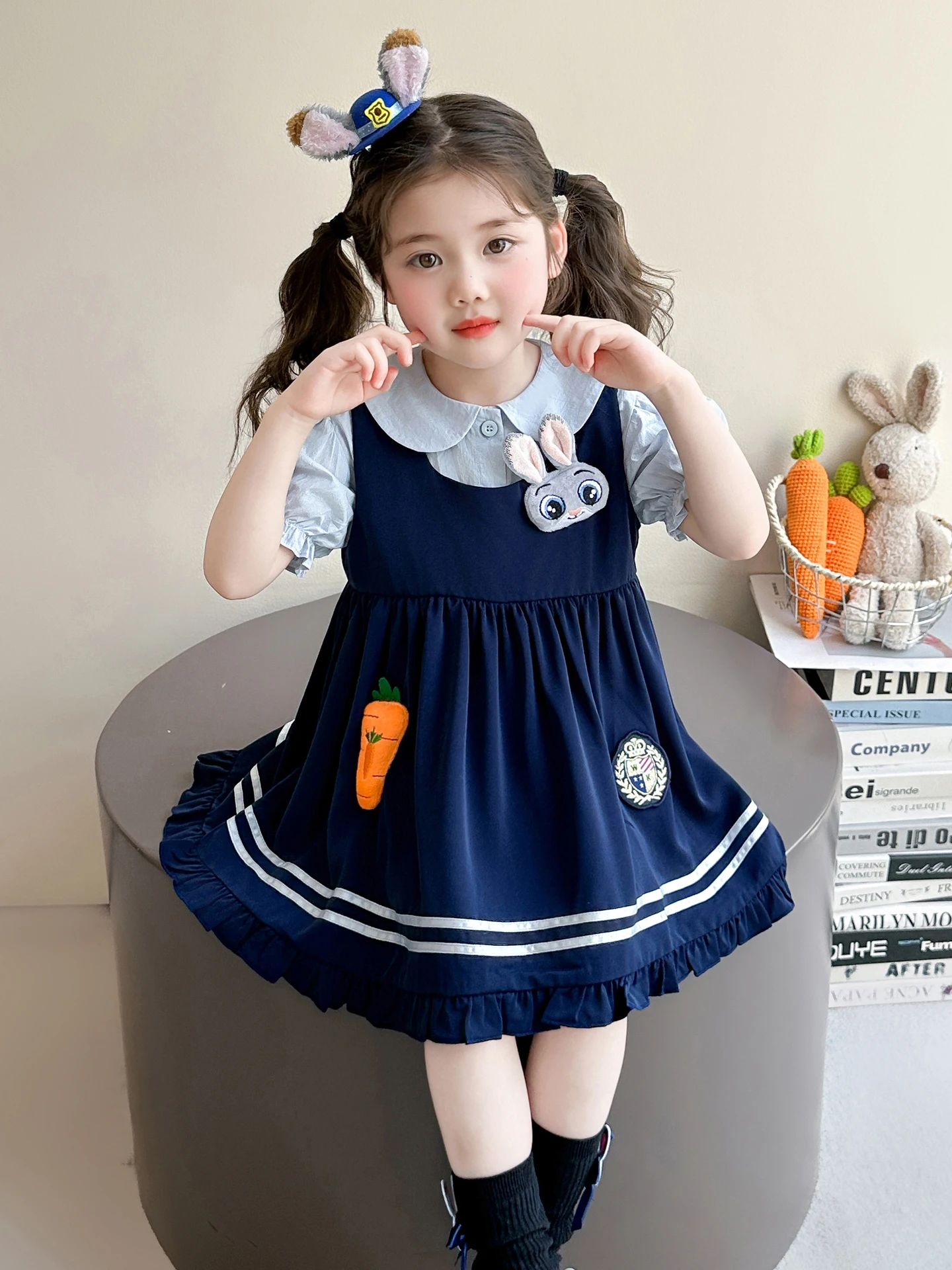 かわいいウサギのプリンセスドレス子供用夏服女の子のドレス警察官コスチューム誕生日パーティードレスソフトコットンブレンド