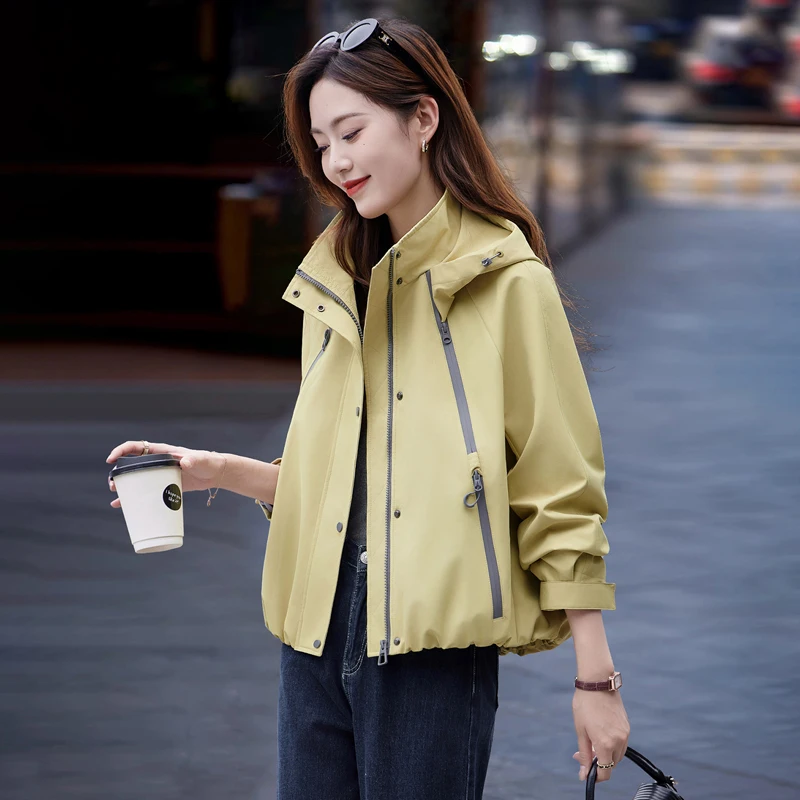 

Women's Short Trench Coat Yellow Turtleneck Hooded Outcoat Jacket Spring Fall Street Casual Windproof Versatile Commuter Outfits