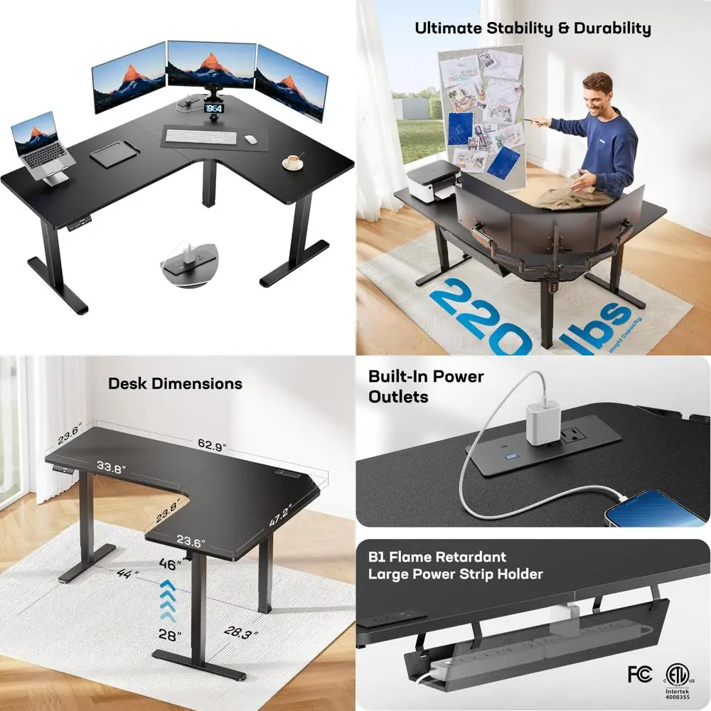 مكتب قائم كهربائي على شكل حرف L مع محركات مزدوجة، ومنافذ طاقة مدمجة، ومكتب كمبيوتر زاوية قابل للتعديل للارتفاع للأعمال الكبيرة