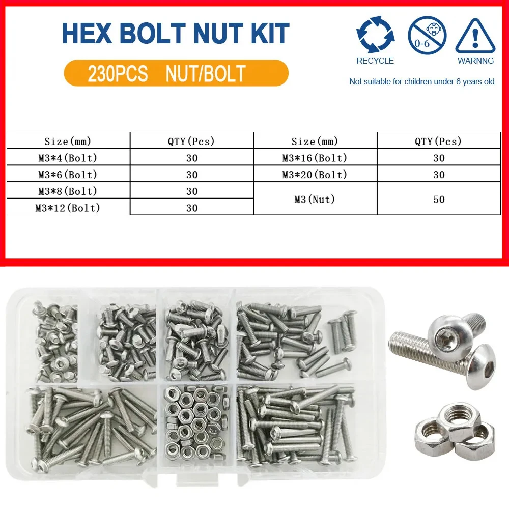 M2 M3 M4 M5 M6 Allen Sechskantmutter Bolzensatz 304 Edelstahl Sechskantschraube Muttern Set Knopf Rundkopf Maschinenschrauben Muttern Kit – Detail 9