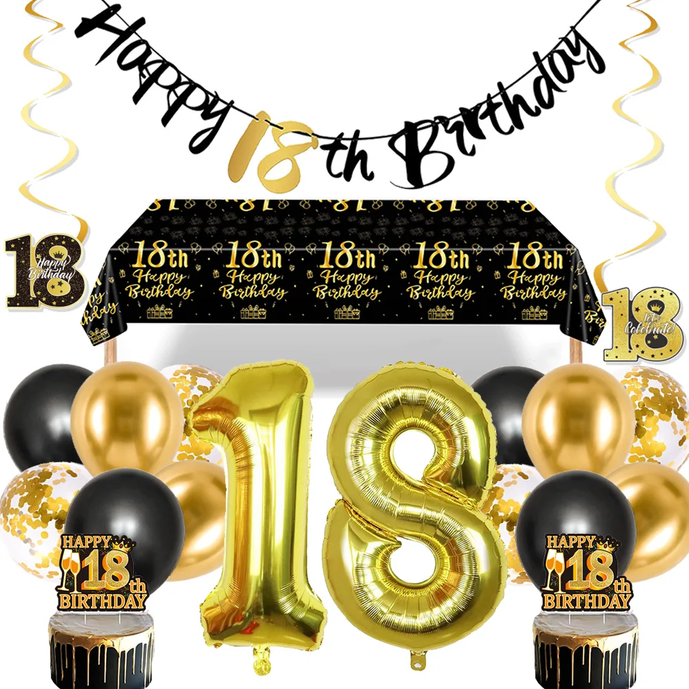 18. Geburtstag Party Dekor Schwarz Gold Banner Ballon Geschirr Serviette Kuchen Topper für Jungen Mädchen 18. Geburtstag Party Supplies