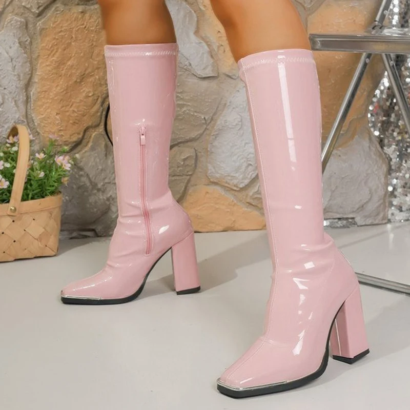 Lederhohe Stiefel Damen High Heels Schuhe für Frauen Lange Stiefel Mode Sexy Frau Kniestiefel 2025, neue Winter-Chunky-Schneestiefel