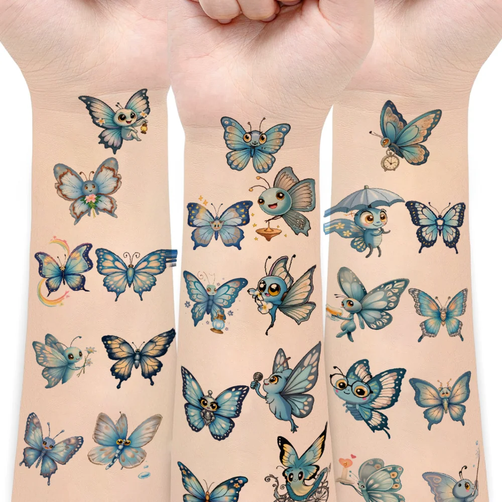

54pcs Temporary Tattoo Blue Butterflies Cartoon Cute Characters Temporary Tattoo Stickers For Arms Cheeks