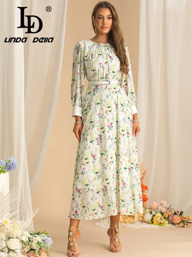 

Элегантное шикарное платье с цветочным принтом LD LINDA DELLA, осеннее женское платье с рукавами-фонариками, завышенной талией, на шнуровке, приталенное, романтичное, для отпуска