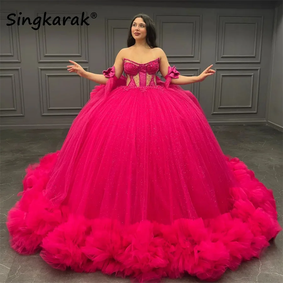 

Fuchsia Puffy Beaded Quinceanera Dress 2024 Bow Princess Crystals Ruffles Appliques Vestidos De 15 Quinceañera Robes Customized