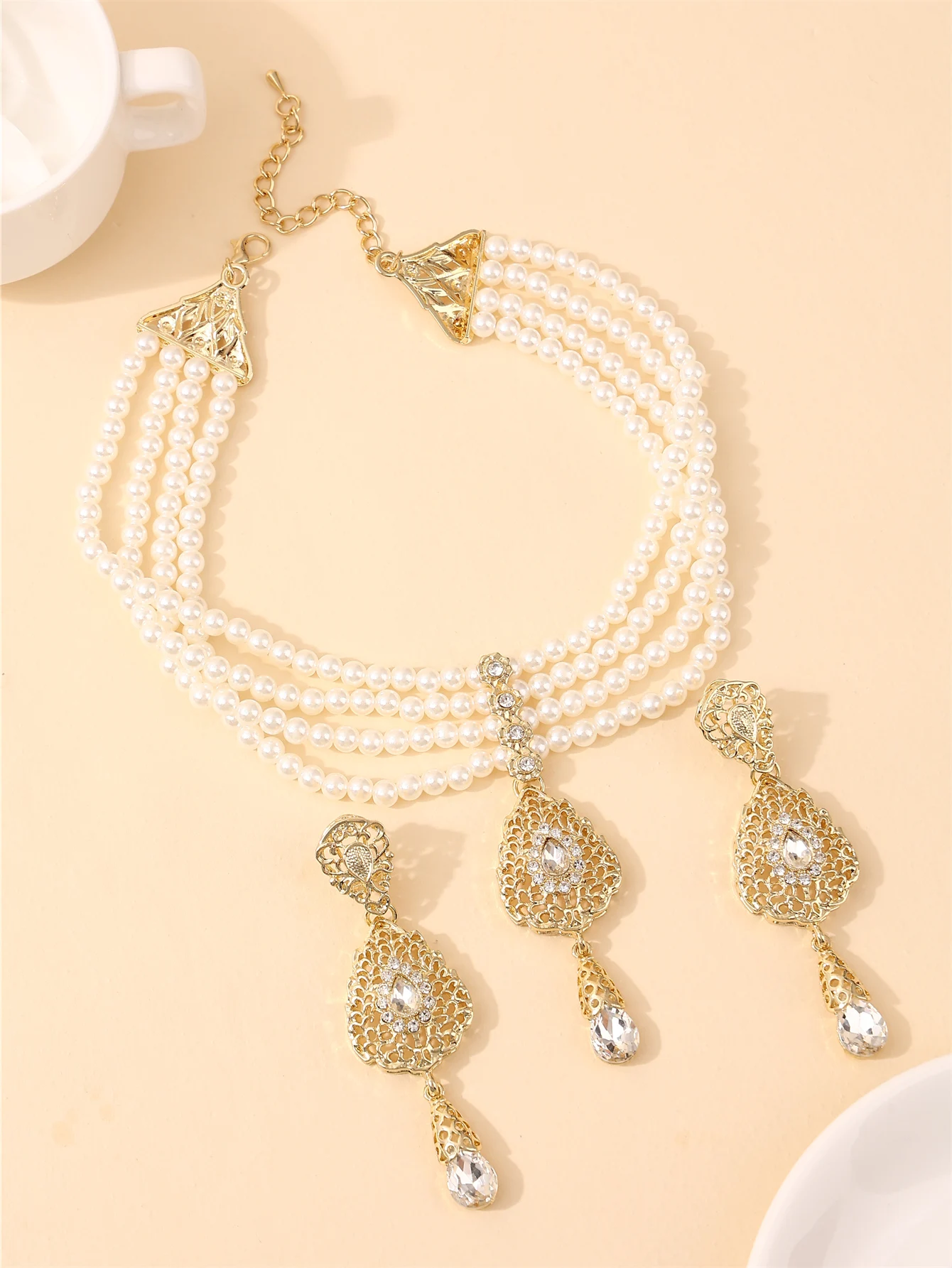 

Algerian ladies' pearl set earrings and necklace abaya accessories for wedding evening sets ladies' jewelry set