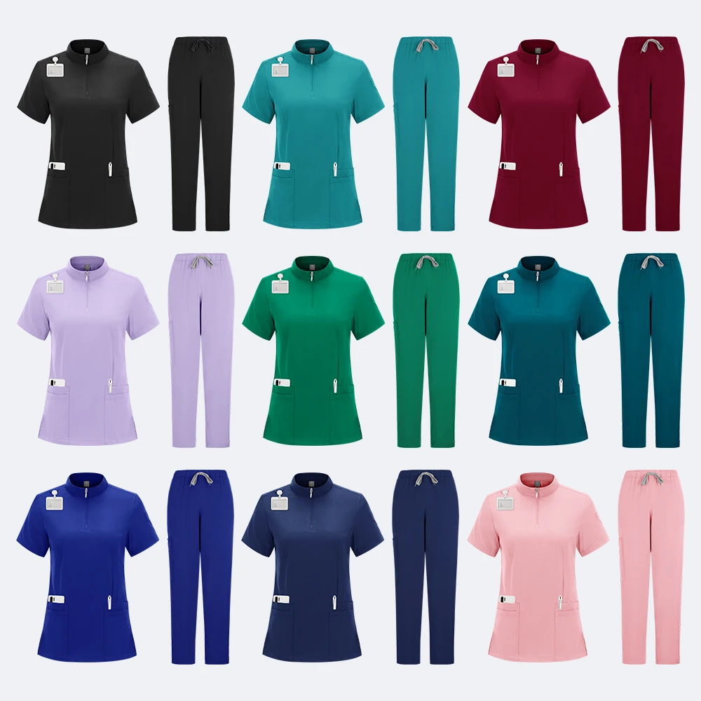 Uniformes médicaux unisexes, ensemble d'infirmière à col zippé, vêtements de travail pour médecin d'hôpital à manches courtes pour femmes, uniforme de travail pour chirurgie dentaire orale