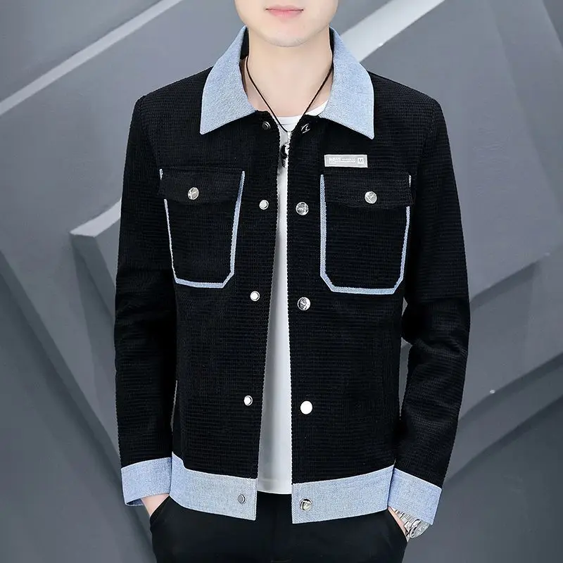 3-B5  Waffle jacket for men, new style for spring and autumn, casual, trendy, handsslim-fitting men's spring wear, lapel jacket