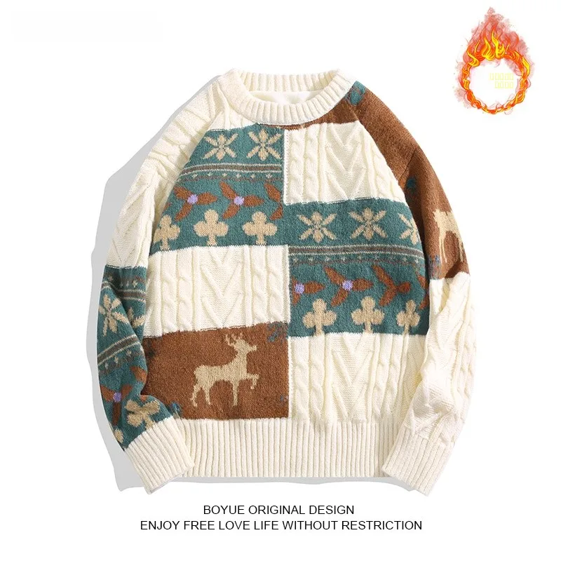 

Мужской вязаный свитер BOYUE в стиле ретро, с начесом, повседневный, в американском трендовом стиле, высококачественный, зимний, длинный рукав...