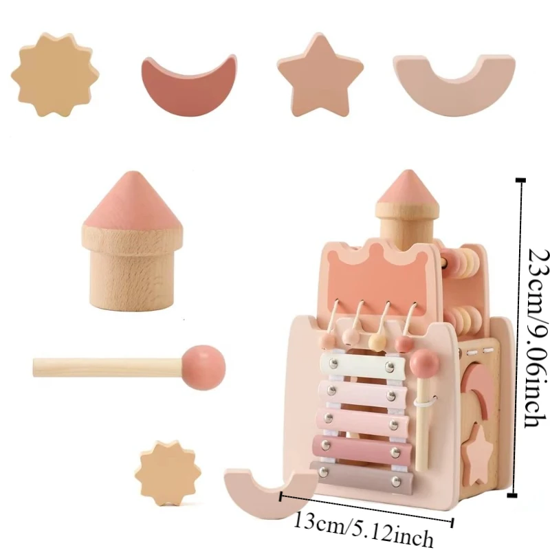Montessori 5-in-1 Wooden Castle Shape Sorter Early Education Castle Stacking Puzzle with Sound Portable Dollhouse Shape Wooden