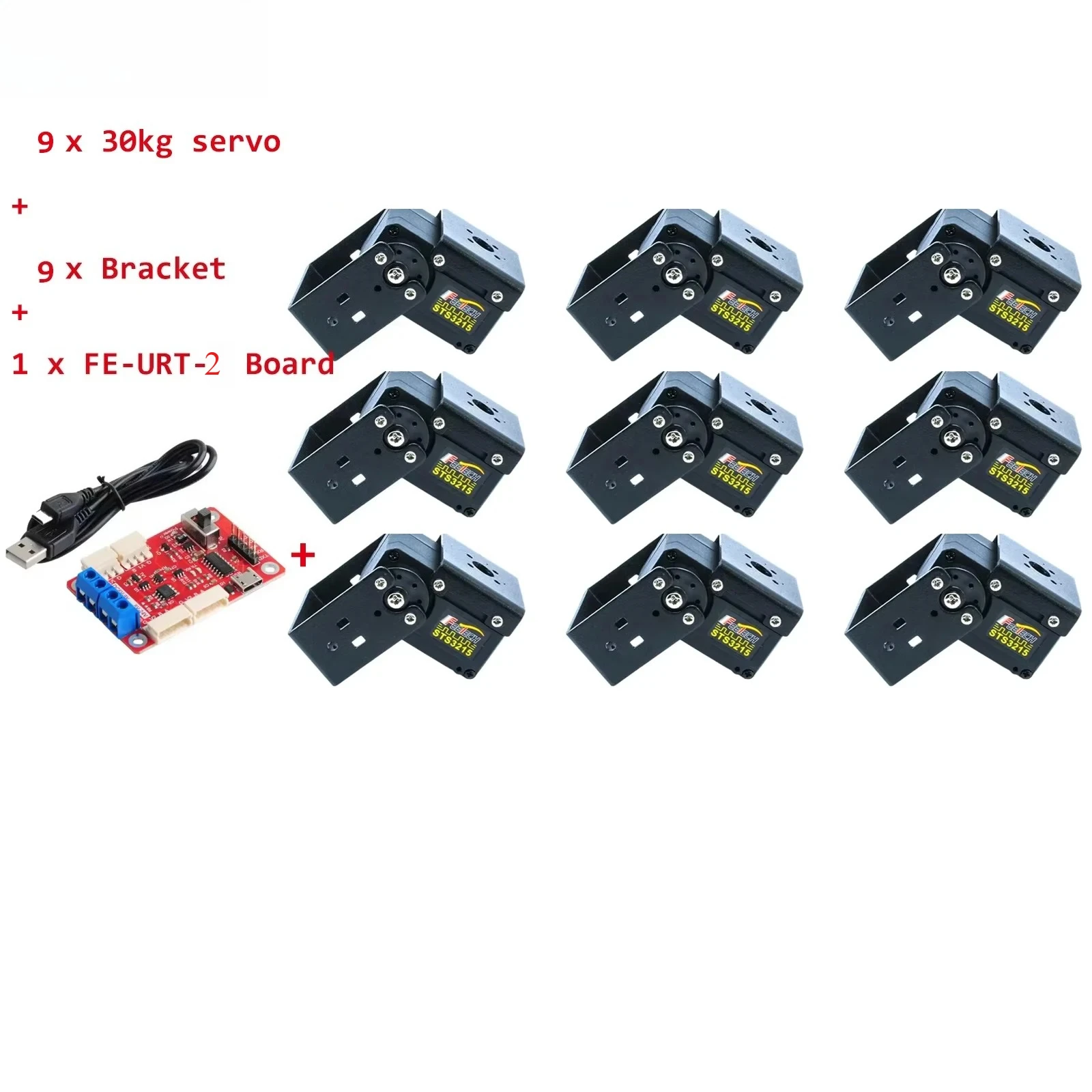 

9x Feetech STS3215 12V 30KG Magnetic Encoder Dual Axis 360° Servo +9x Bracket Smart TTL Serial Bus Robot Servo +1xFE-URT-2 Board