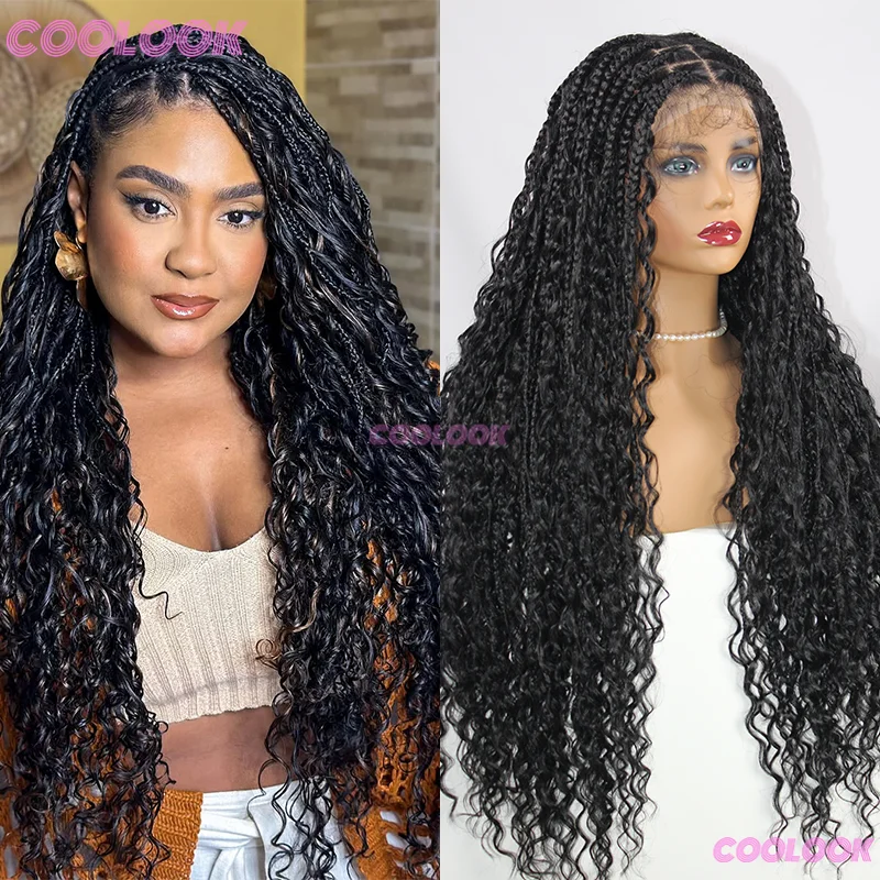 

32"Synthetic Full Lace Bohemian Braided Wigs For Black Women Knotless Box Braids Goddess Wig With Curly Hair Cornrow Braided Wig