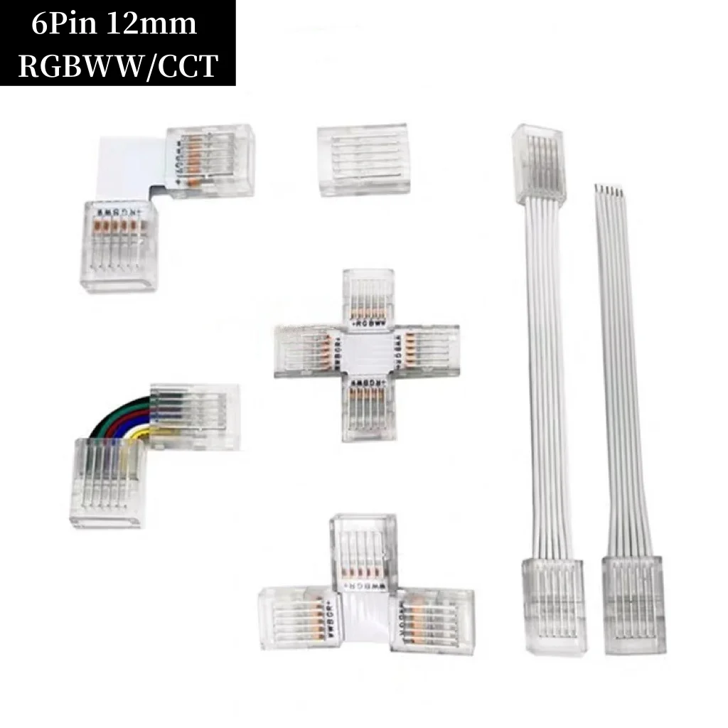 

LED light strip 6Pin solderless Terminal L Shape T shape ight strip 6Pin 12mm For RGBWW/CCT 5in1 LED Strip Light 6 PIN Connector