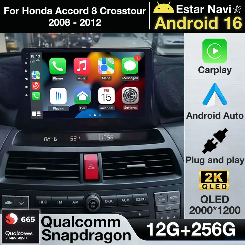 

Автомагнитола Android 16 для Honda Accord 8 Crosstour 2008-2012, GPS-мультимедийный плеер, навигационная система, беспроводной CarPlay, стерео, видео