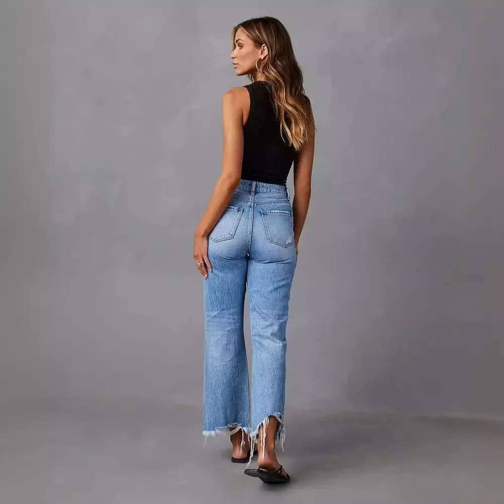 Solto casual barril reto rasgado borda crua jeans, primavera e verão nova moda feminina azul lavado personalidade jeans rasgados